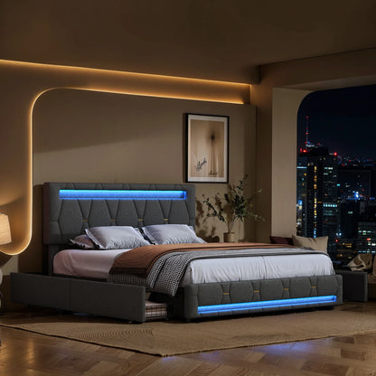 Bedframe – Gestoffeerd Bed – Tweepersoonsbed – Linnen Bed – Opbergladen Bed – 140x200 cm – Verstelbaar Hoofdbord – Stevig Metaal-Hout Frame