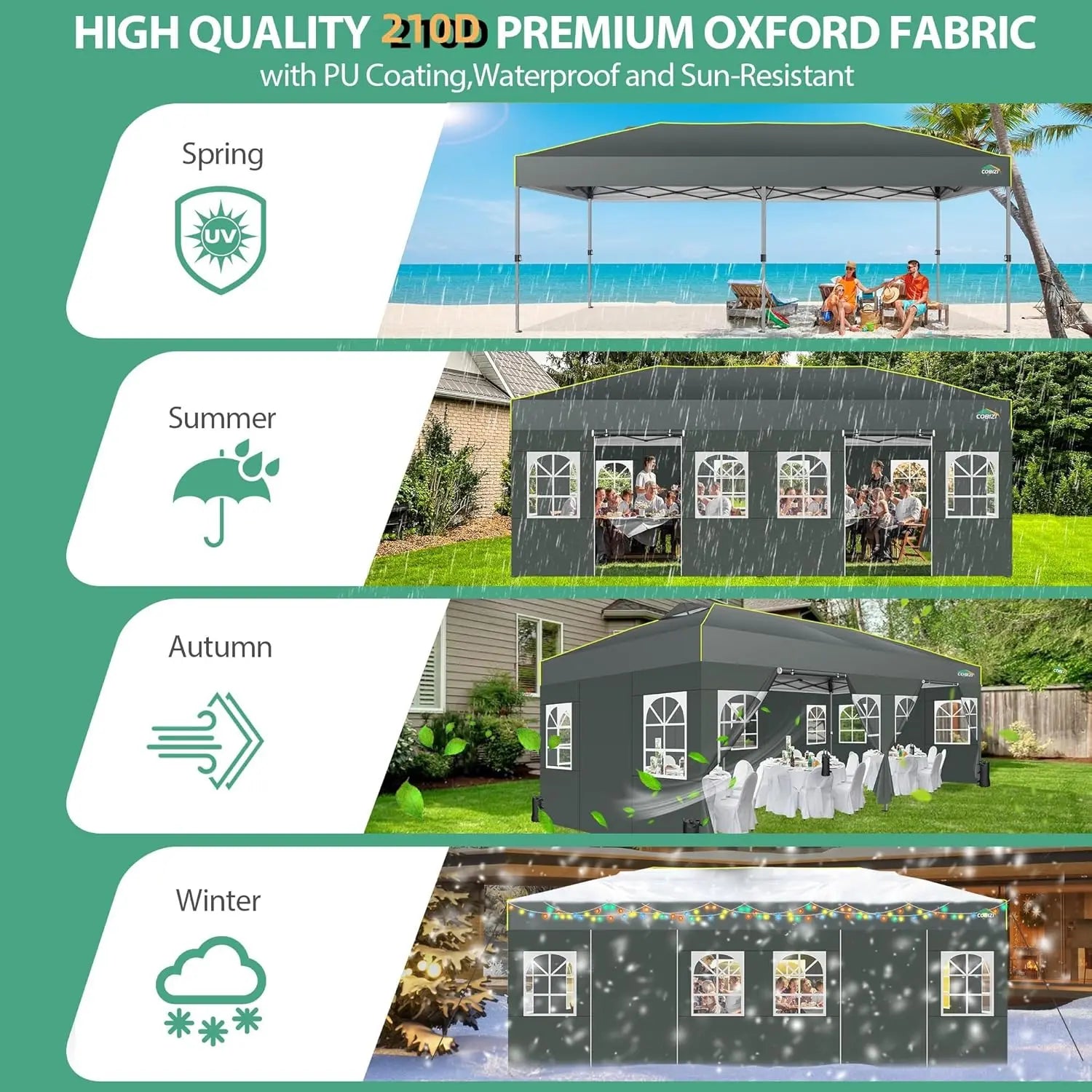Pop-Up Tent – Partytent – Tuin Tent – Markt Tent – Waterdicht 210D Oxford Polyester – Verstelbare Hoogte – UPF 50+ Zonbescherming - Wit - QUORE