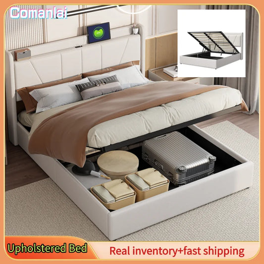 Comanlai 160 x 200 cm Upholstered Bed,Hydraulic Storage Bed,with 2 USB Ports,for Adults and Teenagers, without Mattress,Beige