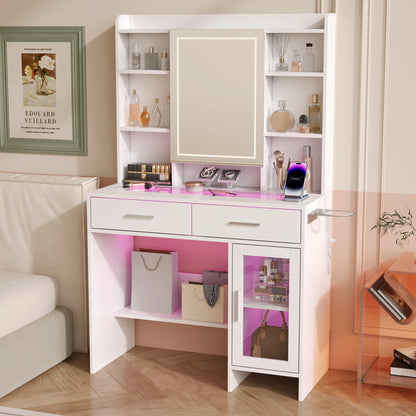 Make-up Tafel – Kaptafel – Schminktisch – Make-up Bureau – Verstelbare LED Verlichting – Wit Glasblad Met Laden – Hoekopstelling