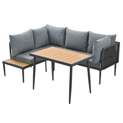 Tuinset – Hoekbank Tuinmeubel – Buitenmeubel – Terrasset – Verzonken Stalen Frame – Kunststof-Houten Tafelblad – Handgeweven Touwen