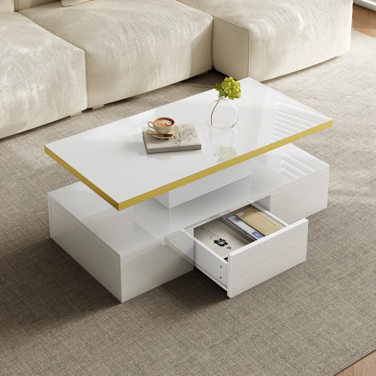 Salontafel – Koffietafel – Woonkamertafel – Tafel – Hoogglans Wit – Twee Niveaus – Verborgen Lade -  Wit en Zwart