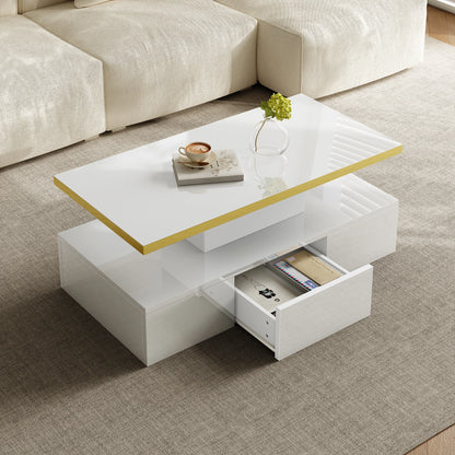 Salontafel – Koffietafel – Woonkamertafel – Tafel – Hoogglans Wit – Twee Niveaus – Verborgen Lade -  Wit en Zwart