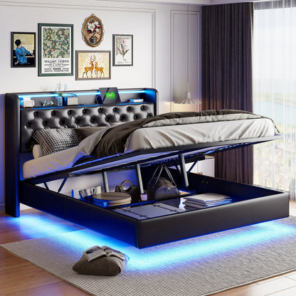 Led Boxspringbed – Gestoffeerd Bed – Hydraulisch Bed – Tweepersoonsbed – Opbergruimte Bed – 140x200 cm – PU Kunstleer Zwart – LED Verlichting en USB Oplaadpunt