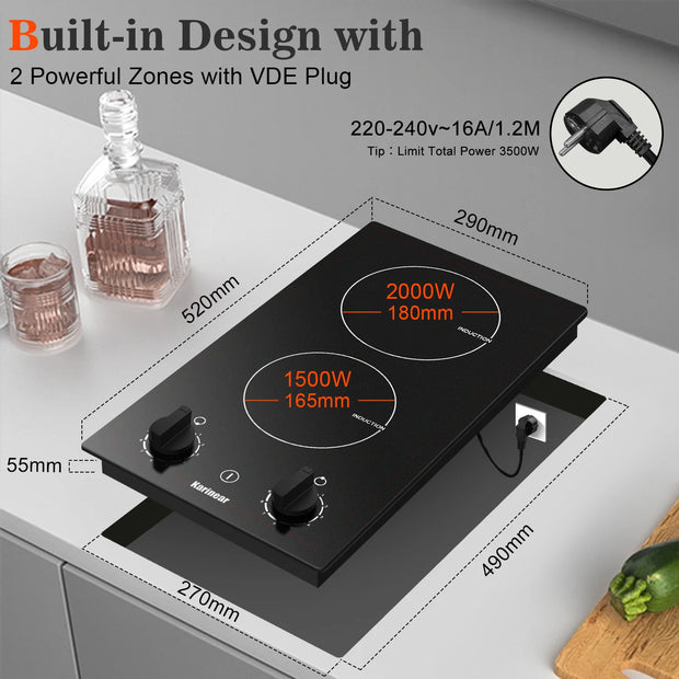 Inductie kookplaat - Induction Hob - Induction Cook Top - Inductie Fornuis - Elektrische Brander - Inbouw Inductiekookplaat - met 2 Branders - 30 cm - Inductiekookplaat met Stekker en Knopbediening - Zwart