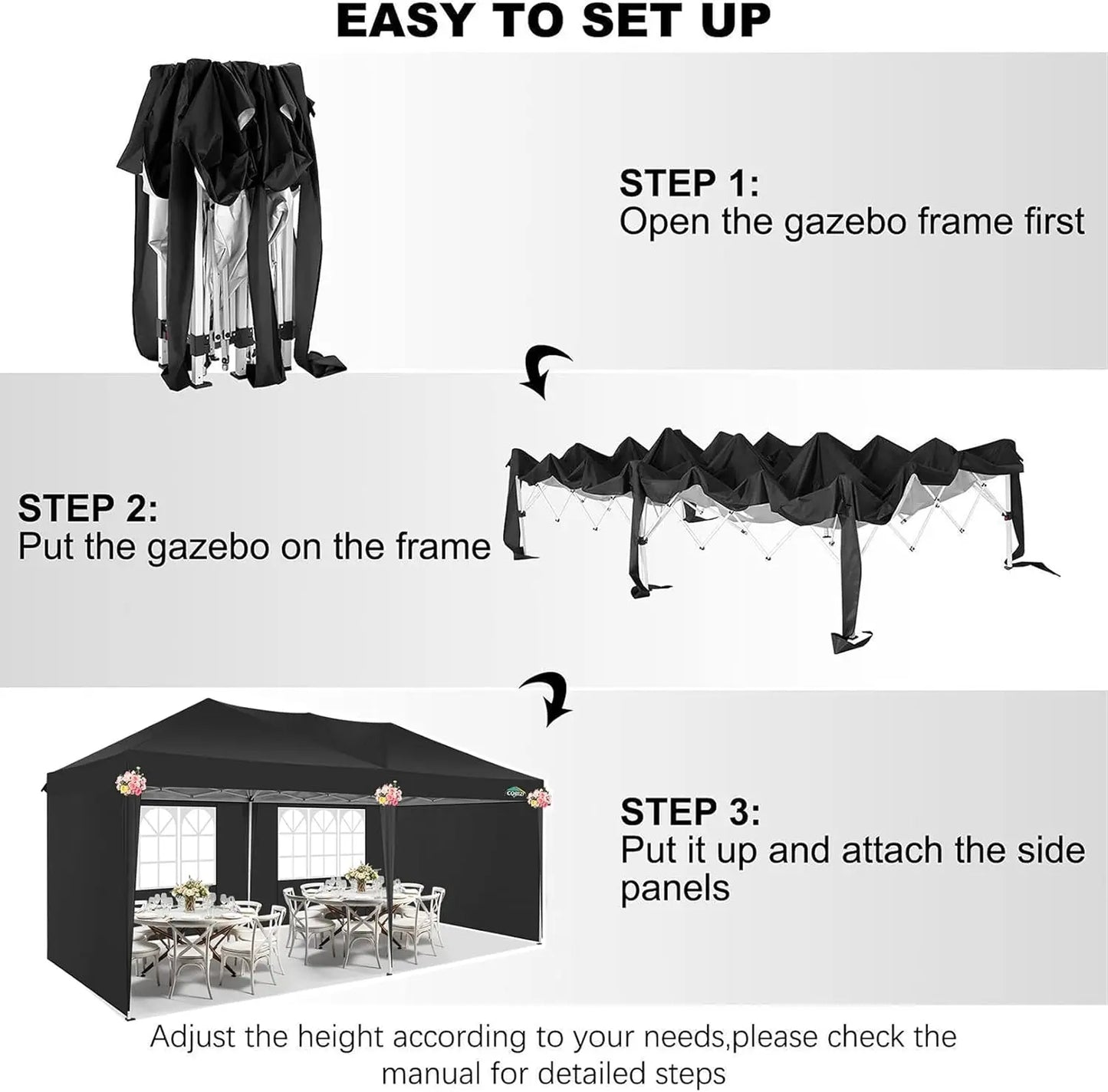 Partytent – Tent – Overkapping – Buitenluifel – 3x6 Meter – Waterdicht Oxford Doek – Verstelbaar Stalen Frame - Zwart - QUORE
