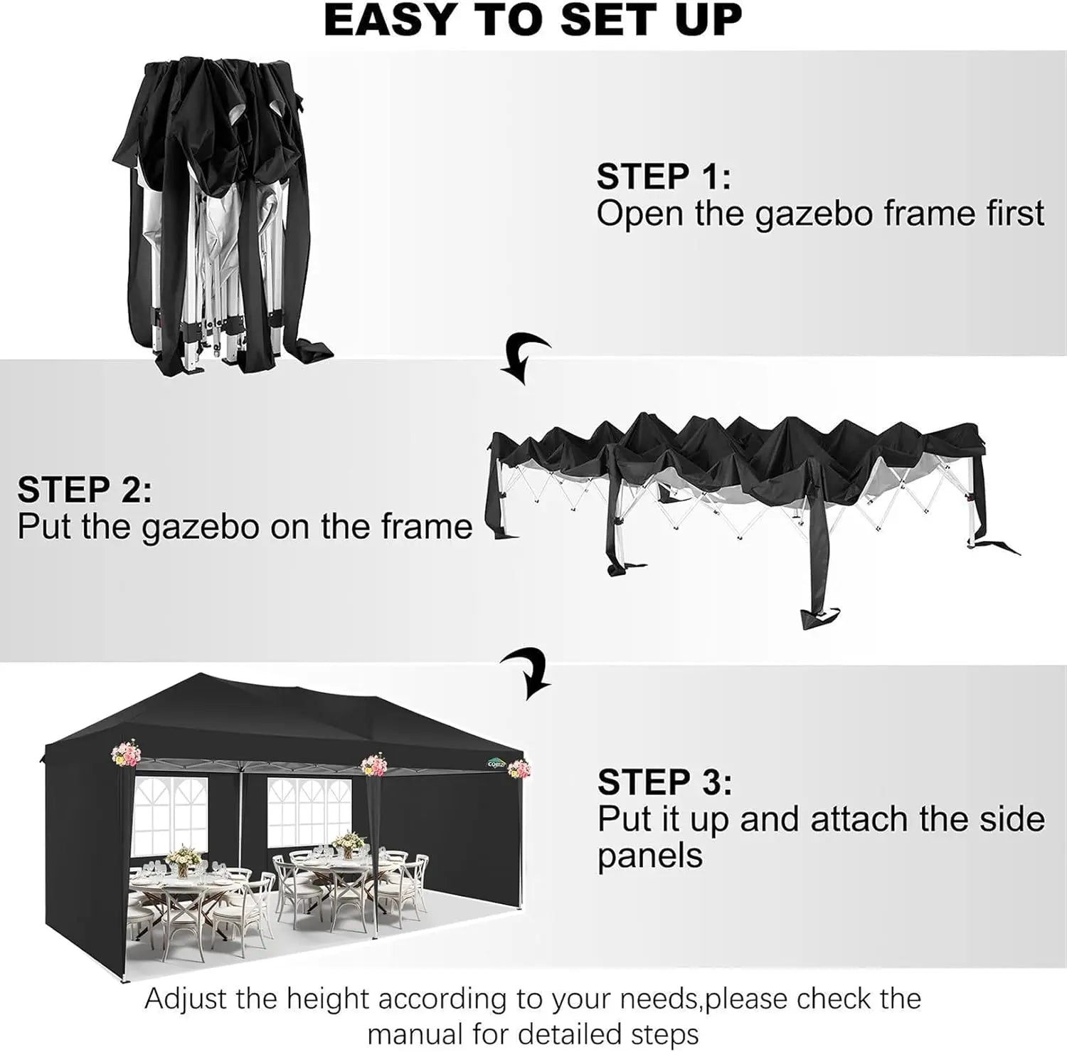Partytent – Tent – Overkapping – Buitenluifel – 3x6 Meter – Waterdicht Oxford Doek – Verstelbaar Stalen Frame - Zwart - QUORE