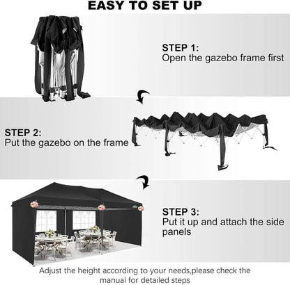Partytent – Tent – Overkapping – Buitenluifel – 3x6 Meter – Waterdicht Oxford Doek – Verstelbaar Stalen Frame - Zwart - QUORE
