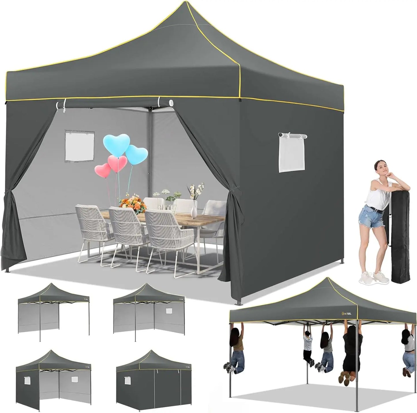 3x3m Pop-Up Partytent – Tuinentent – Evenemententent – Marktstandtent – Campingtent – Waterdicht 410D Oxford – Roestbestendig Frame - Grijs