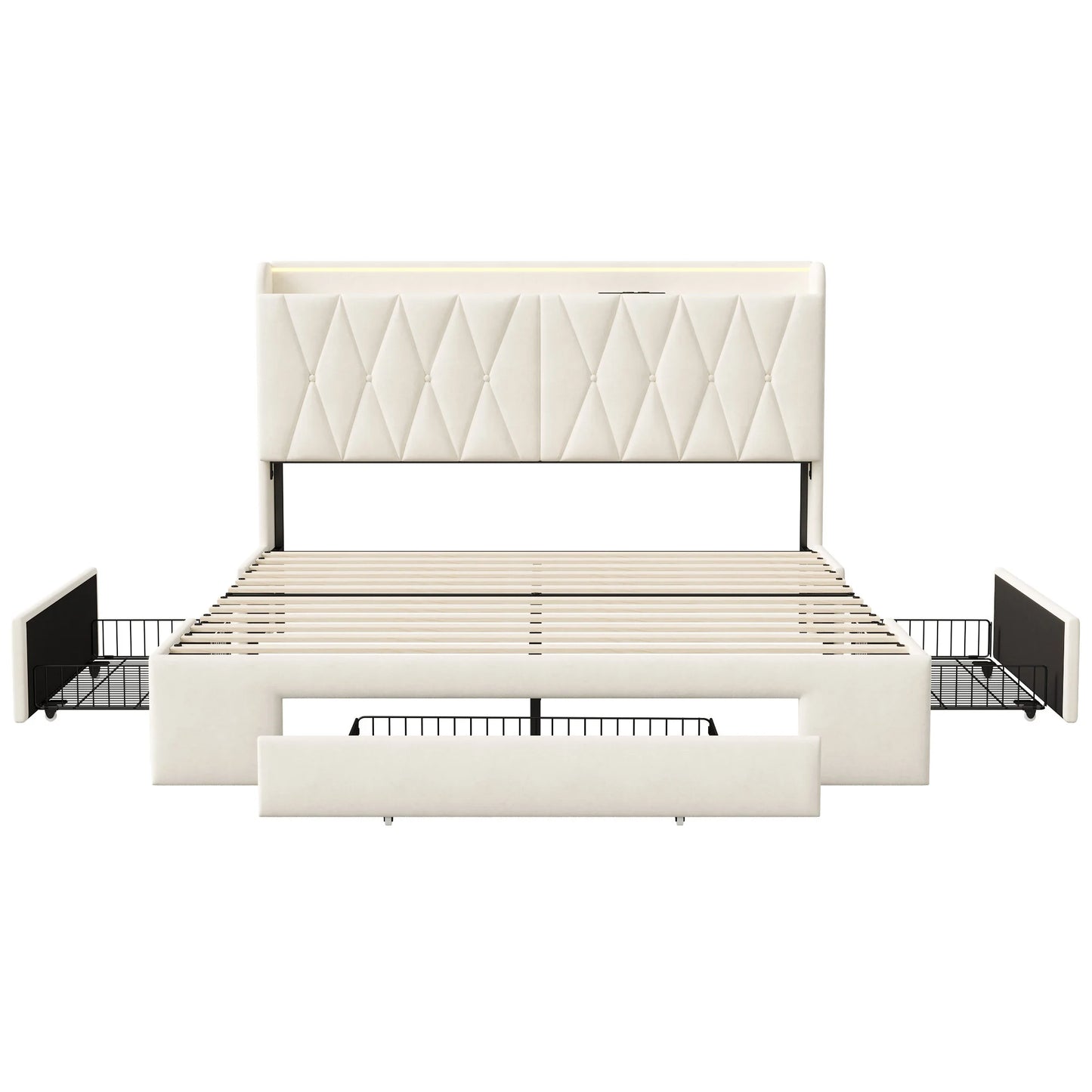 Tweepersoonsbed – Bed Met Opbergruimte – Boxspringbed – Slaapbank – Velours Bed – 140x200 cm – 3 Grote Laden – USB Oplaadfunctie – Beige