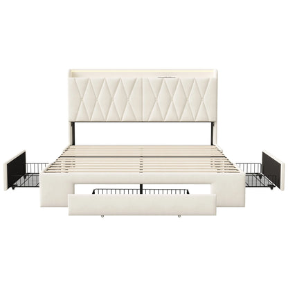 Tweepersoonsbed – Bed Met Opbergruimte – Boxspringbed – Slaapbank – Velours Bed – 140x200 cm – 3 Grote Laden – USB Oplaadfunctie – Beige