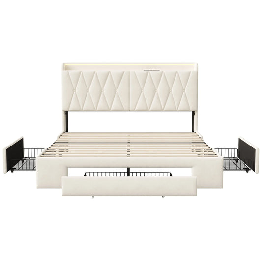 Tweepersoonsbed – Bed – Opbergbed – Slaapbed – Fluwelen Bed – 140x200 cm – Met 3 Opberglades – Hoofdeinde Met USB Poorten – Beige Velvet