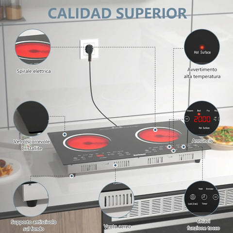 Inductie kookplaat - Induction Hob - Induction Cook Top - Inductie Fornuis - Elektrische Brander - 2 zones - Elektrische keramische kookplaat - met LED-display - 4-uurs timer - 9 vermogens - tot 3600 W - Veiligheidsslot - Zwart