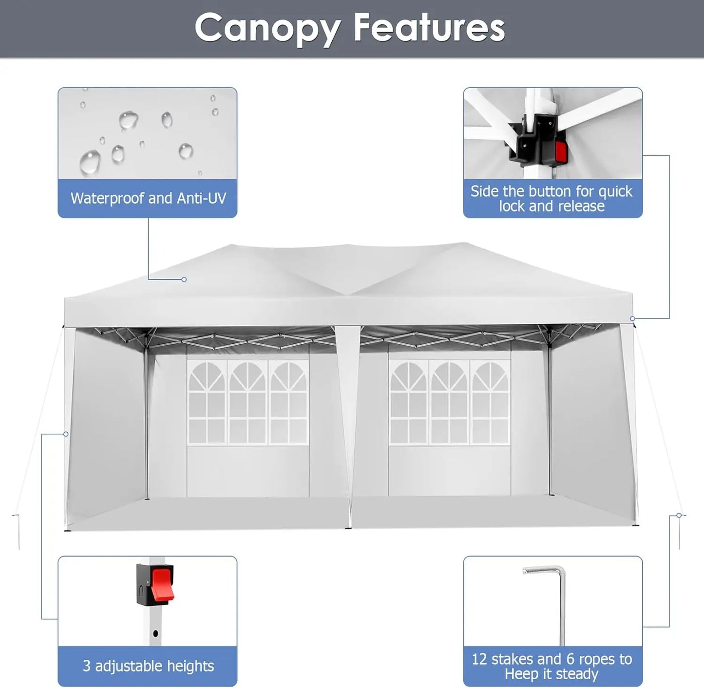 Partytent – Tent – Overkapping – Buitenluifel – 3x6 Meter – Waterdicht Oxford Doek – Verstelbaar Stalen Frame - Wit - QUORE