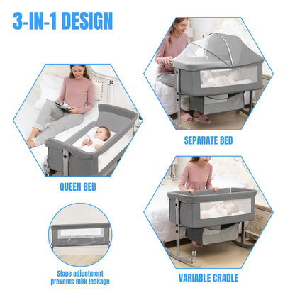 Elektrisch Babybed - Babybed - Babybedje - Wieg - Ledikant - Schommelbed - 3-in-1 - Verstelbare Hoogte - met Muskietennet -Wielen - App-besturing - Afstandsbediening - Grijs - Deluxe Editie