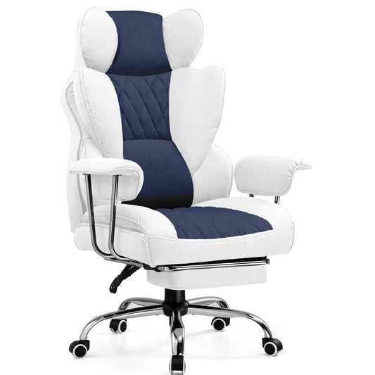 Ergonomische Bureaustoel - Gaming Stoel - Stoelen - Bureaustoelen - met Pocketvering Rugsteun -Verstelbare Voetsteun - Comfortabele Brede Zitting - 90-135° Kanteling - met Armleuningen en Wieltjes - Blauw-Wit - Stof