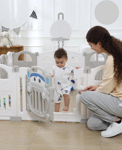Baby Speelbox - Box Baby - Kinderbox - Metalen Speelbox - Opvouwbare - met Basketbalring - Inclusief Activiteitenwand en Sensorisch Speelgoed - Voor 7 Maanden tot 6 Jaar - Grijs-wit - QUORE