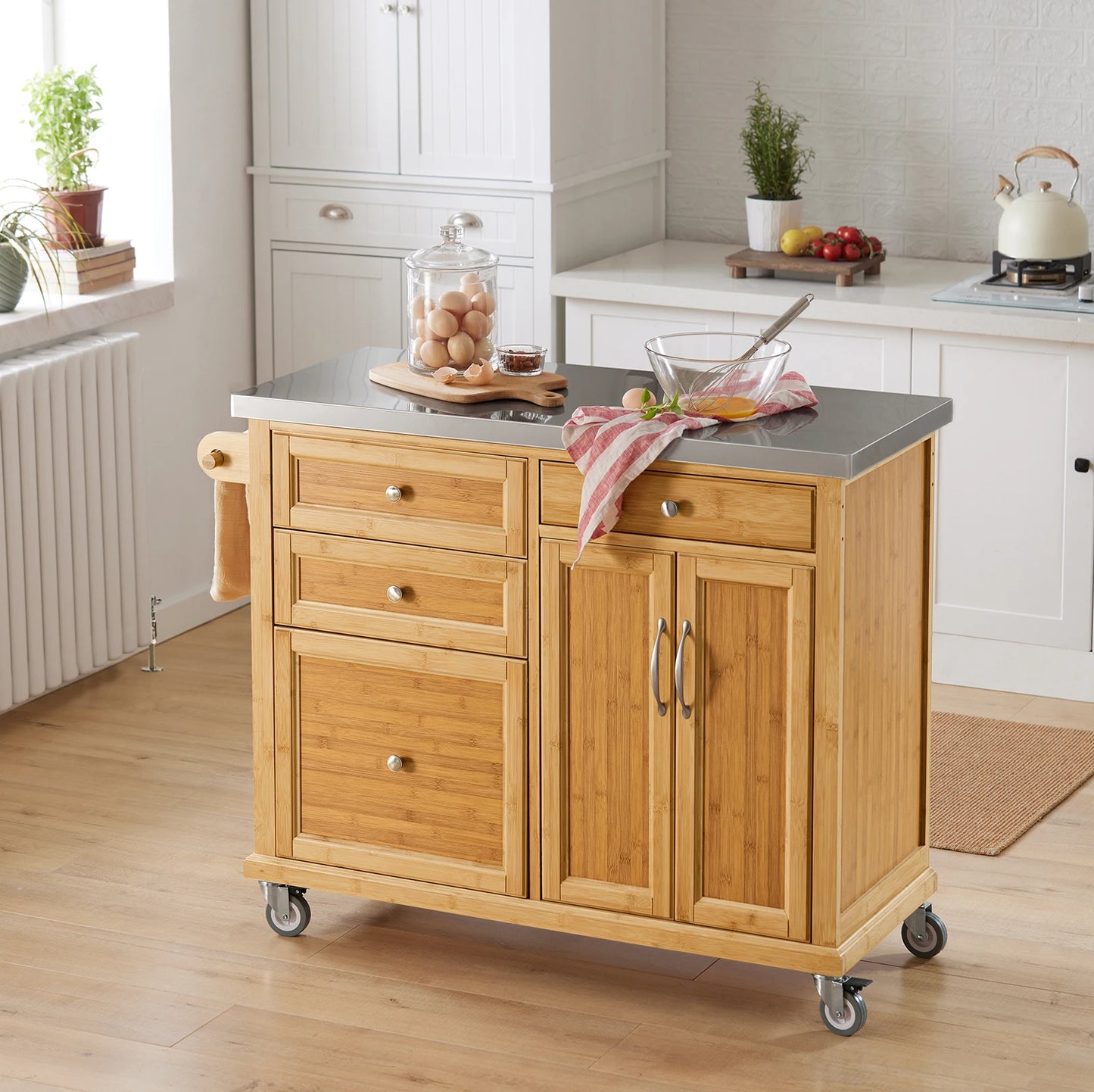 Keukeneiland – Keukentrolley – Serveerwagen – Keukenkast – Buffetkast – Natuurvariant – Bamboe Frame – RVS Werkblad – 115x92x46 cm