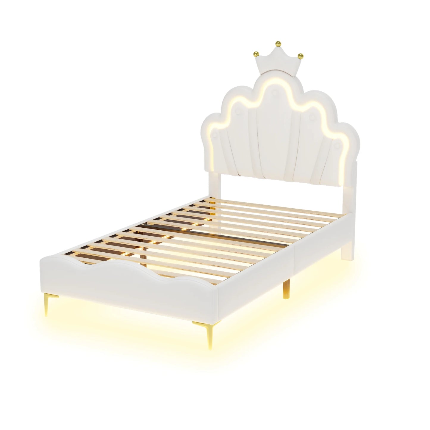 Kinderbed – Kinderbedden – Peuterbed – Eenpersoonsbed – Kinderbedframe – Gestoffeerd PU Kunstleer – Verstelbare LED-verlichting 90x200 cm - QUORE