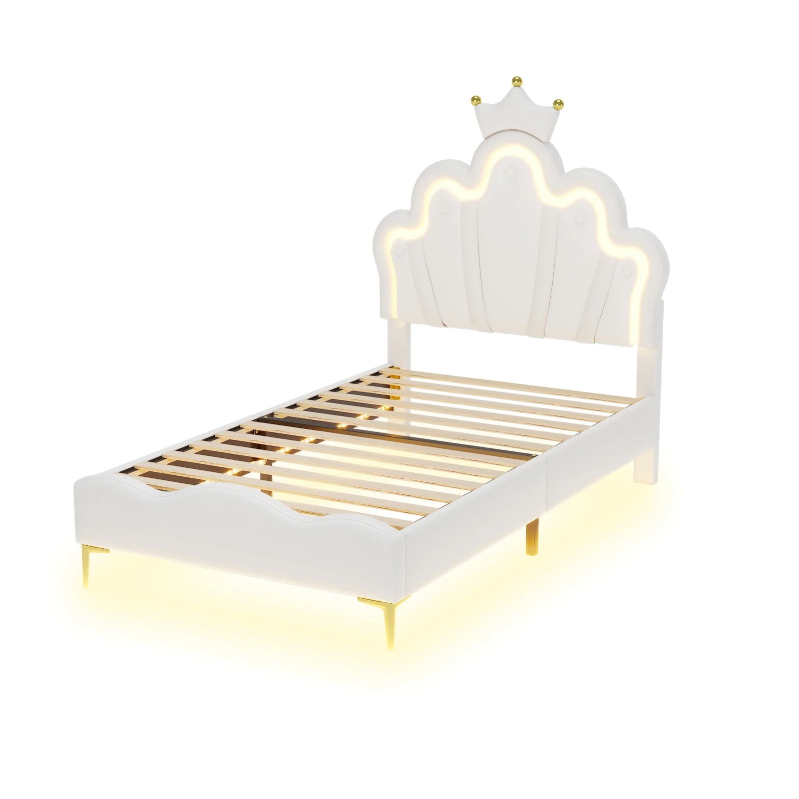 Kinderbed – Kinderbedden – Peuterbed – Eenpersoonsbed – Kinderbedframe – Gestoffeerd PU Kunstleer – Verstelbare LED-verlichting 90x200 cm - QUORE