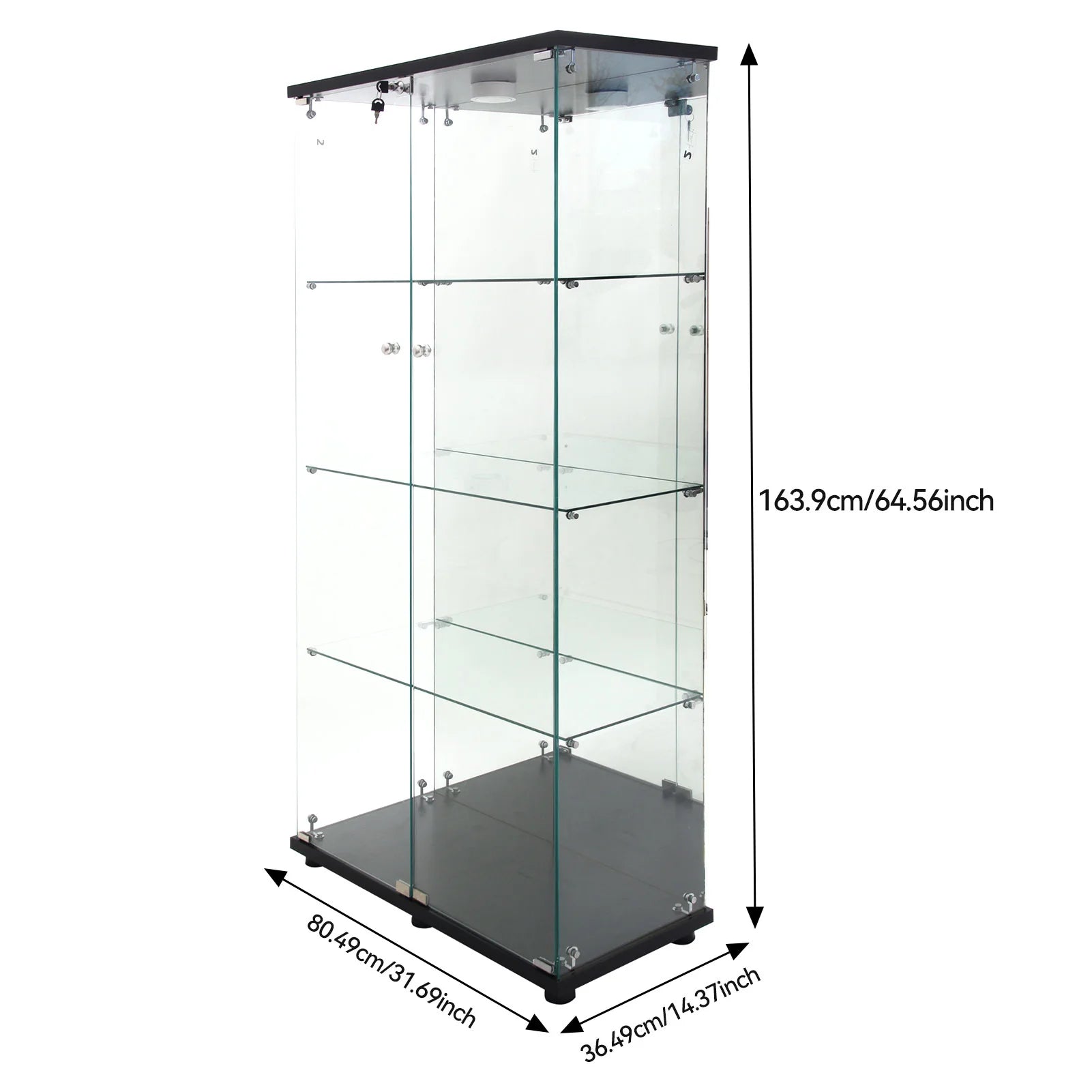 Glazen Vitrinekast – Vitrinekast – Displaykast – Boekenkast – Wijnkast – Zwarte Dubbele Deuren met LED-Verlichting – Spiegelachterwand – Slot Veiligheid - QUORE