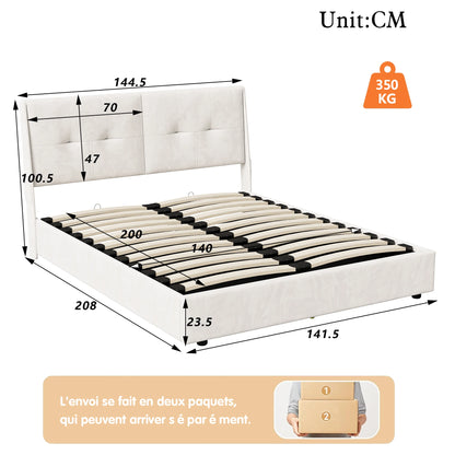 Led-bed – Gestoffeerd Bed – Tweepersoonsbed – Opbergbed – Lattenbodem – 140x200 cm – Met LED-verlichting en Opbergruimte