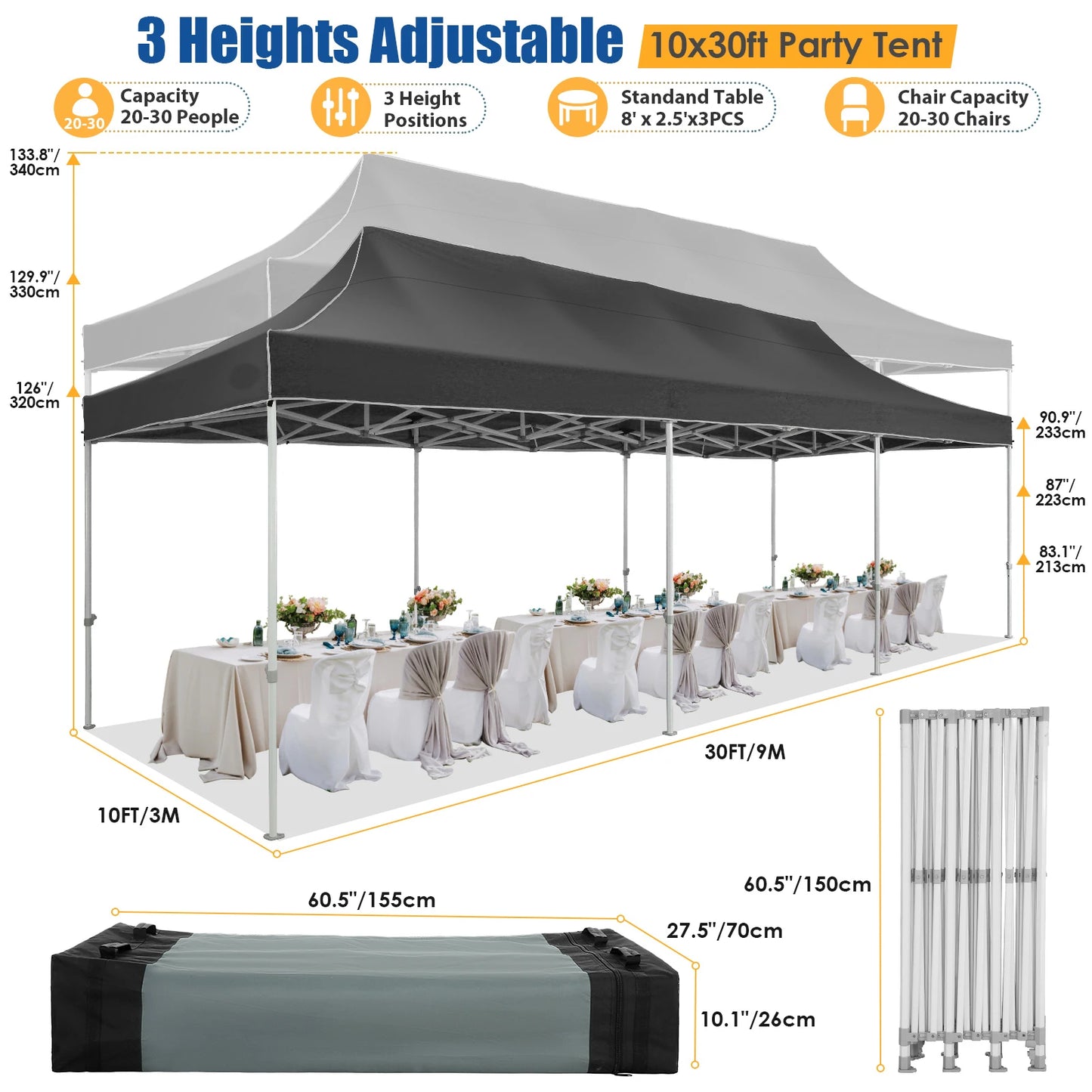 Partytent – Tuinpaviljoen – Evenemententent – Overkapping – 3x6 Meter – Staalframe – Waterdicht Met Zijwanden - Zwart