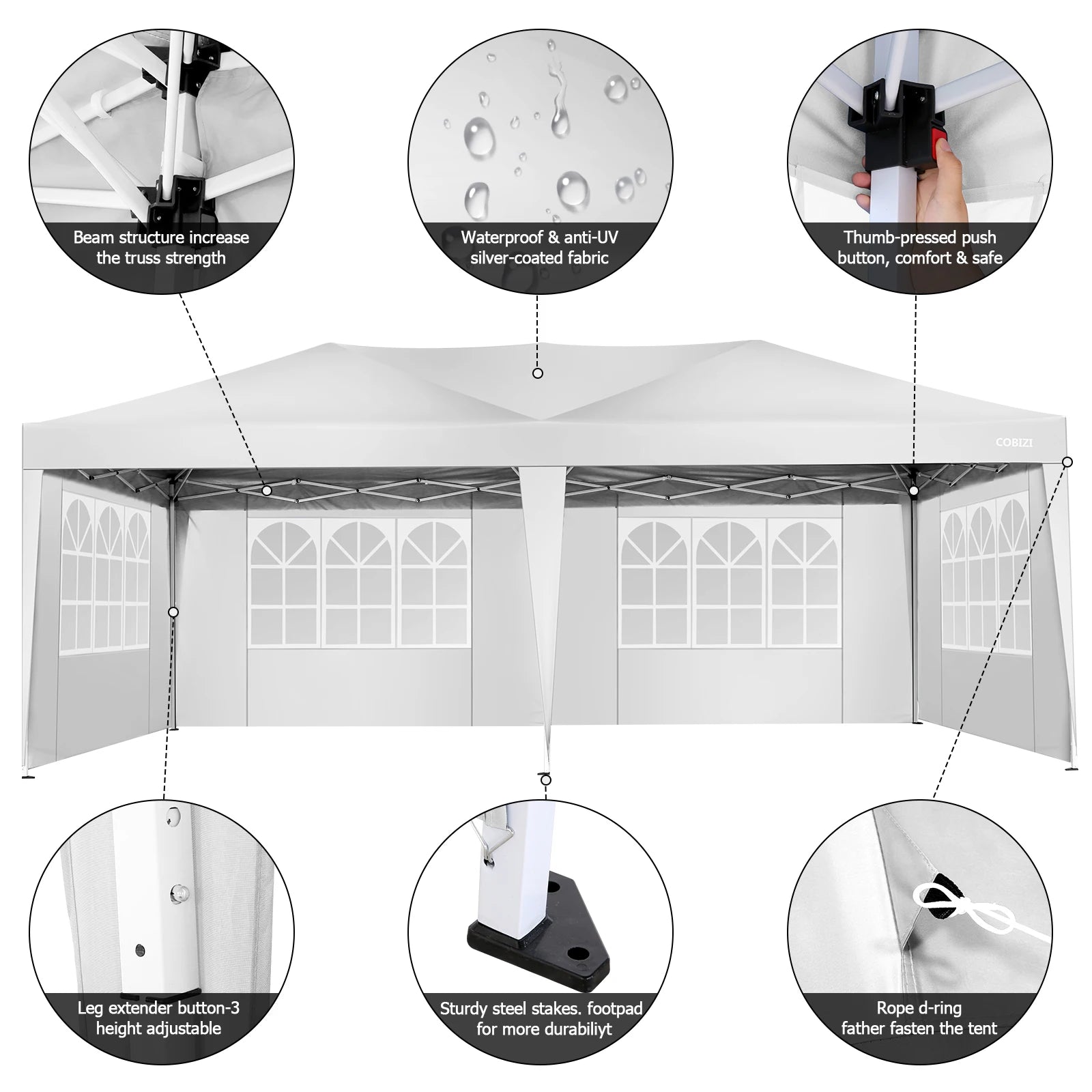 Partytent – Opvouwbaar Tuinhuisje – Buiten Tent – Schaduw Tent – 3x6 Meter – Waterdicht 210D Oxford – Verstelbare Hoogte - Wit - QUORE