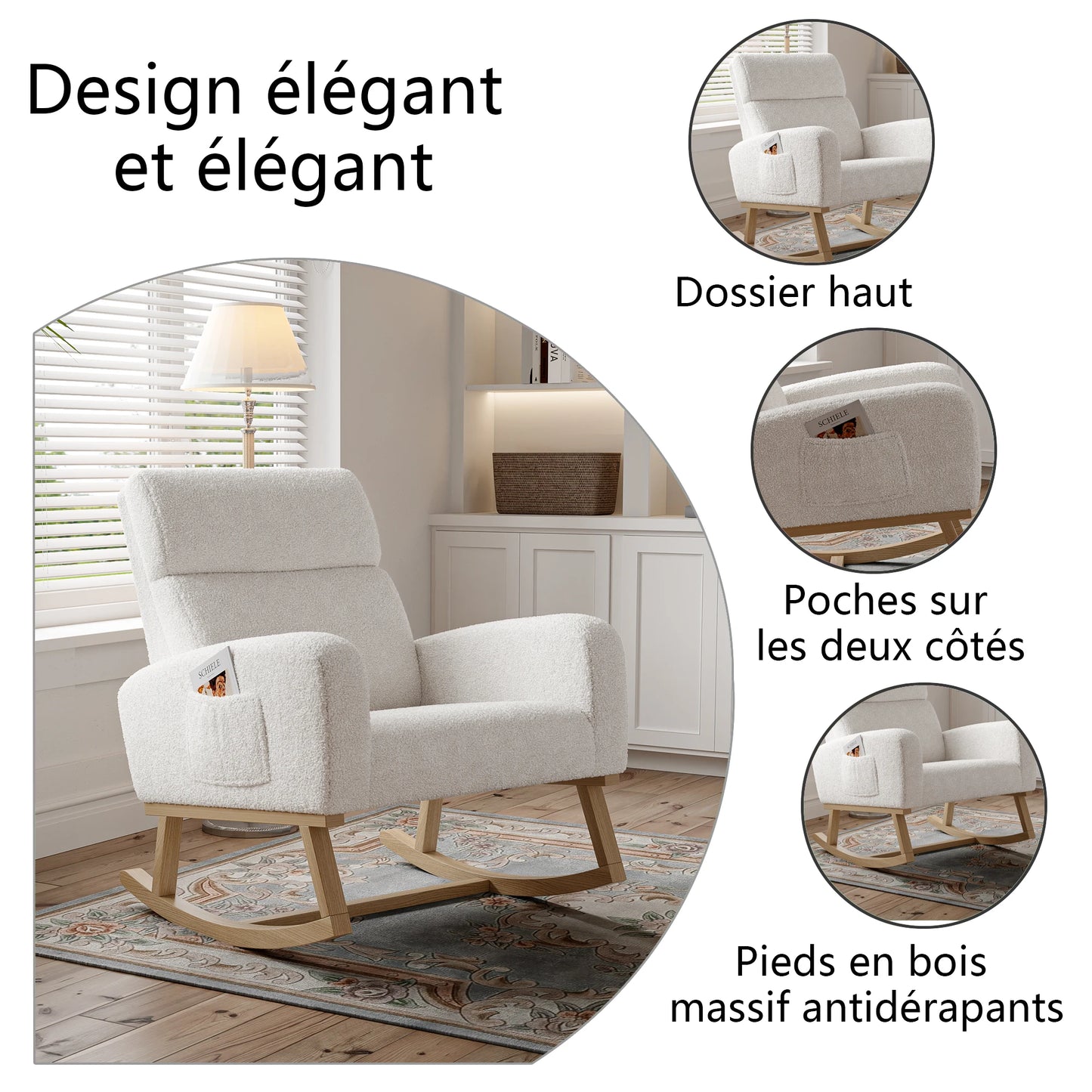 Schommelstoel – Schommelstoel Met Armleuningen – Relaxstoel – Lounge Stoel – Teddy Velvet Stoel Beige – Dikke 5,5 cm Elastic Kussen – Stevige Houten Poten Met Anti-Slip Pads