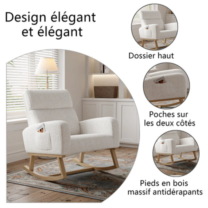Schommelstoel – Schommelstoel Met Armleuningen – Relaxstoel – Lounge Stoel – Teddy Velvet Stoel Beige – Dikke 5,5 cm Elastic Kussen – Stevige Houten Poten Met Anti-Slip Pads