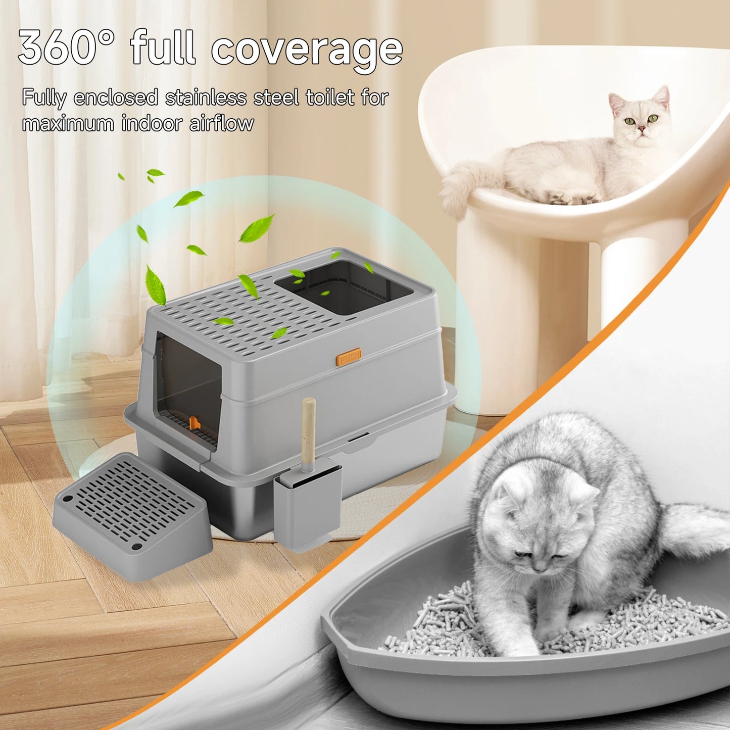 RVS Kattenbak - Kattentoilet Roestvrijstaal - Kattenbak - Incl. Kattenbakschep met Houder en Gritopvang Opstapje - 3-in-1 - Grote - 60x40x39cm - Grijs