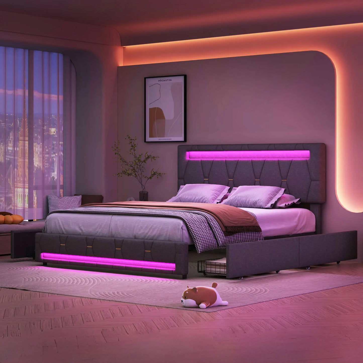 Bedframe – Gestoffeerd Bed – Tweepersoonsbed – Bedbank – Slaapbank – Grijs Linnen – 160x200 cm – 4 Ruime Lades – Verstelbaar Hoofdeinde