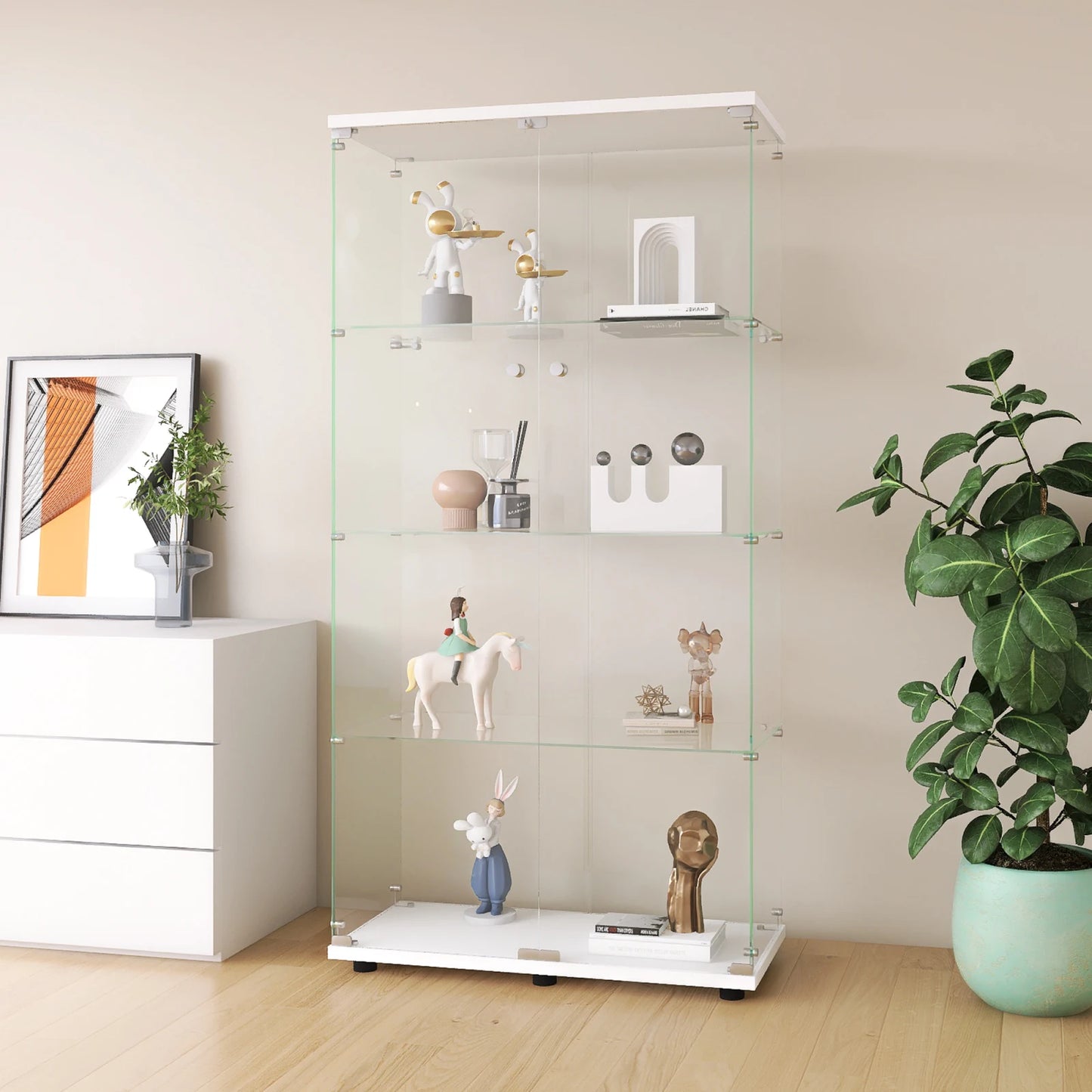 Glazen Vitrinekast – Displaykast – Collectiekast – Vitrine – Opbergkast – Wit – 4 Planken – Met Slot