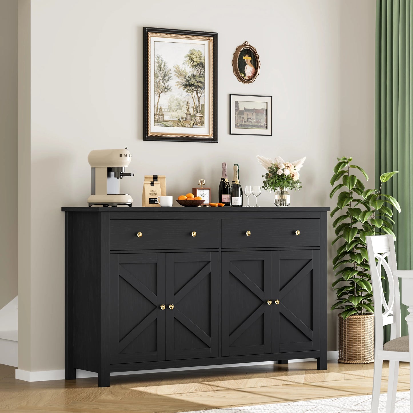 Dressoir – Sideboard – Opbergkast – Kast – Buffetkast – Zwart – 140 cm Breed – Wit Gelakt Frame Met Eikenhouten Blad