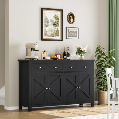 Dressoir – Sideboard – Opbergkast – Kast – Buffetkast – Zwart – 140 cm Breed – Wit Gelakt Frame Met Eikenhouten Blad