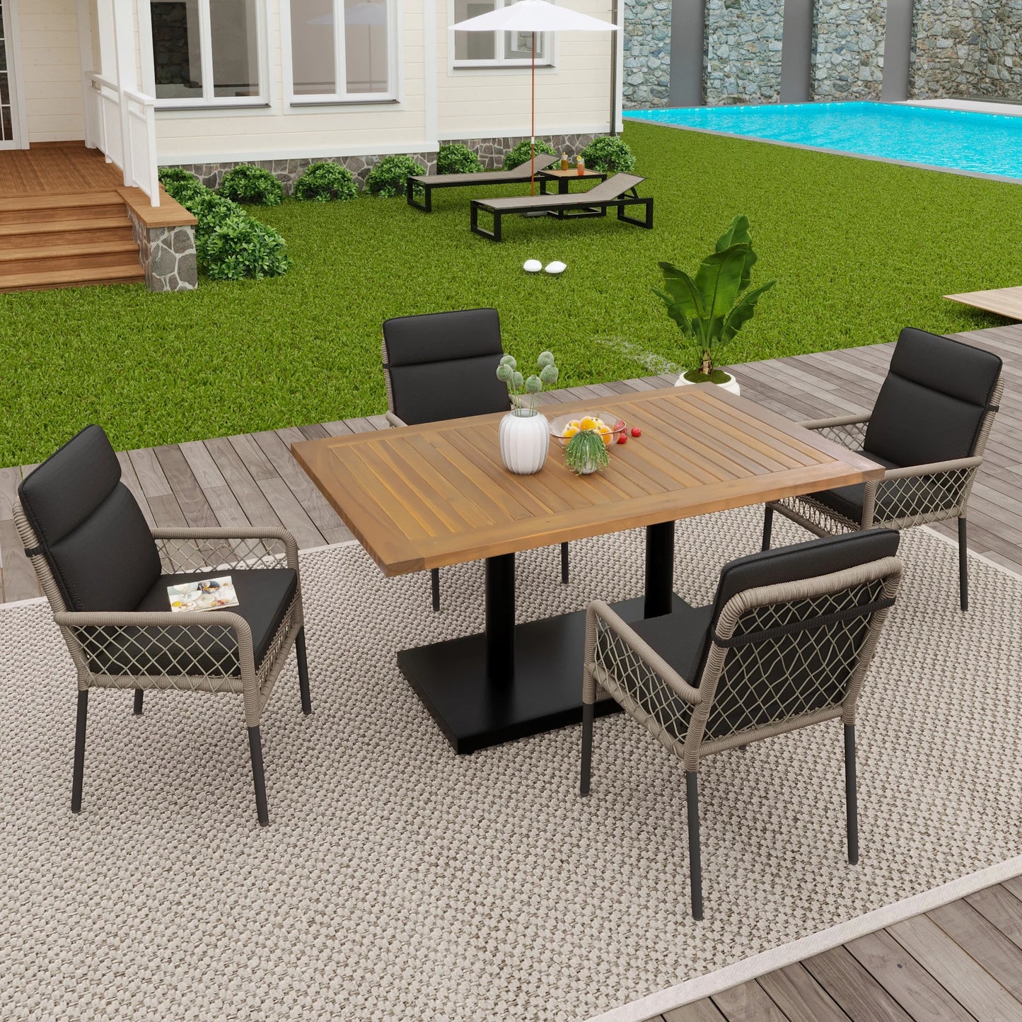 Tuinmeubelset - 5-Delige Eettafelset – Tuinset – Balkonset – Terrasmeubilair – Buitentafel – Acaciahout – Polyrattan Stoelen - Donkergrijs