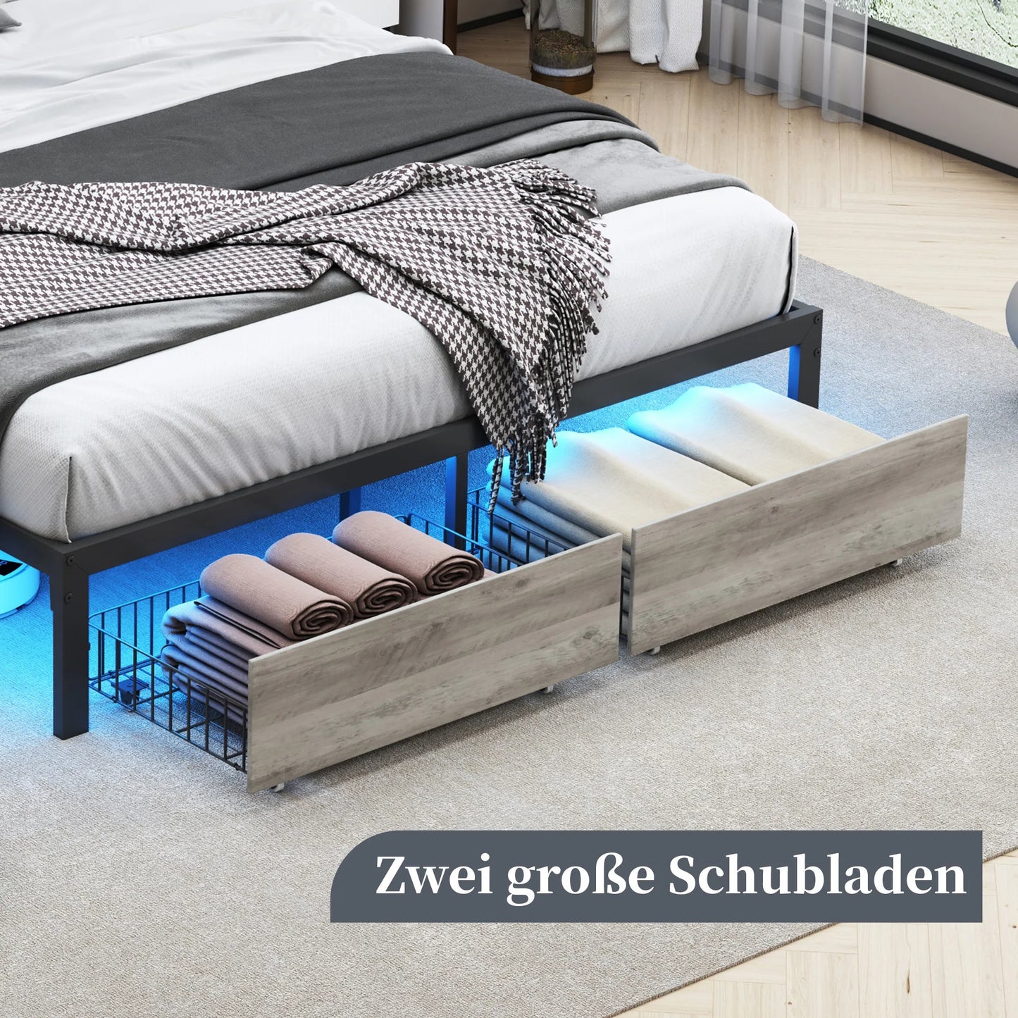 Metalen Tweepersoonsbed – Bedframe – Bed met Opberglades – LED Bed – Gestoffeerd Bed – 160x200 cm – Ingebouwd USB Oplaadstation – RGB LED Verlichting