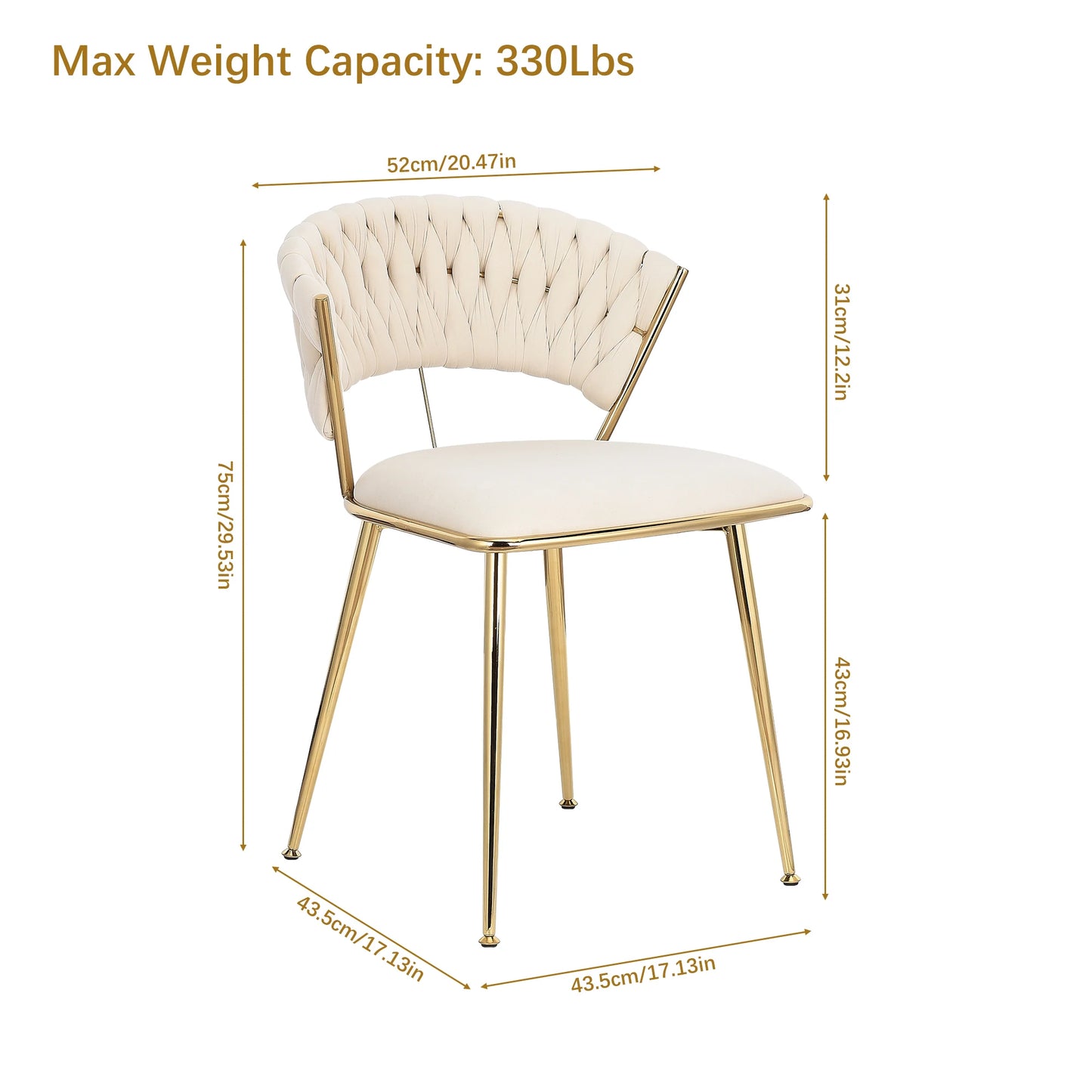 Eetkamerstoelen - Eetstoelen - Keukenstoelen - Set van 2 - Moderne Vergulde Technologie - Hoogwaardige Interieurdecoratie - met Metalen Poten - Fluwelen Zitje - Voor Woonkamers - Eetgedeelte - 52 x 43.5 x 75 cm - Beige