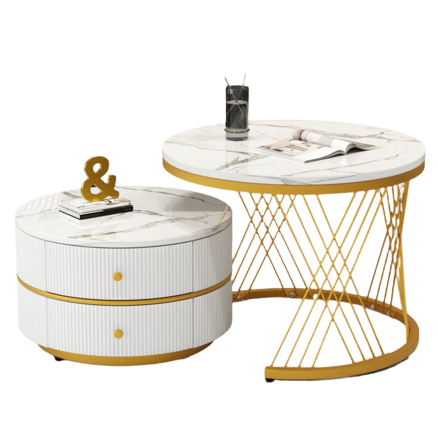 Salontafelset – Tafels – Salontafels – Woonkamertafels – Opbergtafels – Hoogglans Marmerlook – Twee Lades – Stevig Tot 30 Kg - Goud - QUORE