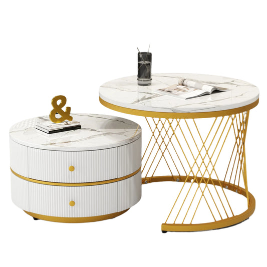 Salontafelset – Tafels – Salontafels – Woonkamertafels – Opbergtafels – Hoogglans Marmerlook – Twee Lades – Stevig Tot 30 Kg - Goud - QUORE