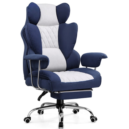 Ergonomische Bureaustoel - Gaming Stoel - Bureaustoelen Stoelen - met Pocketvering Rugsteun -Verstelbare Voetsteun - Comfortabele Brede Zitting - 90-135° Kanteling - met Armleuningen en Wieltjes - Wit-Blauw - Stof - QUORE