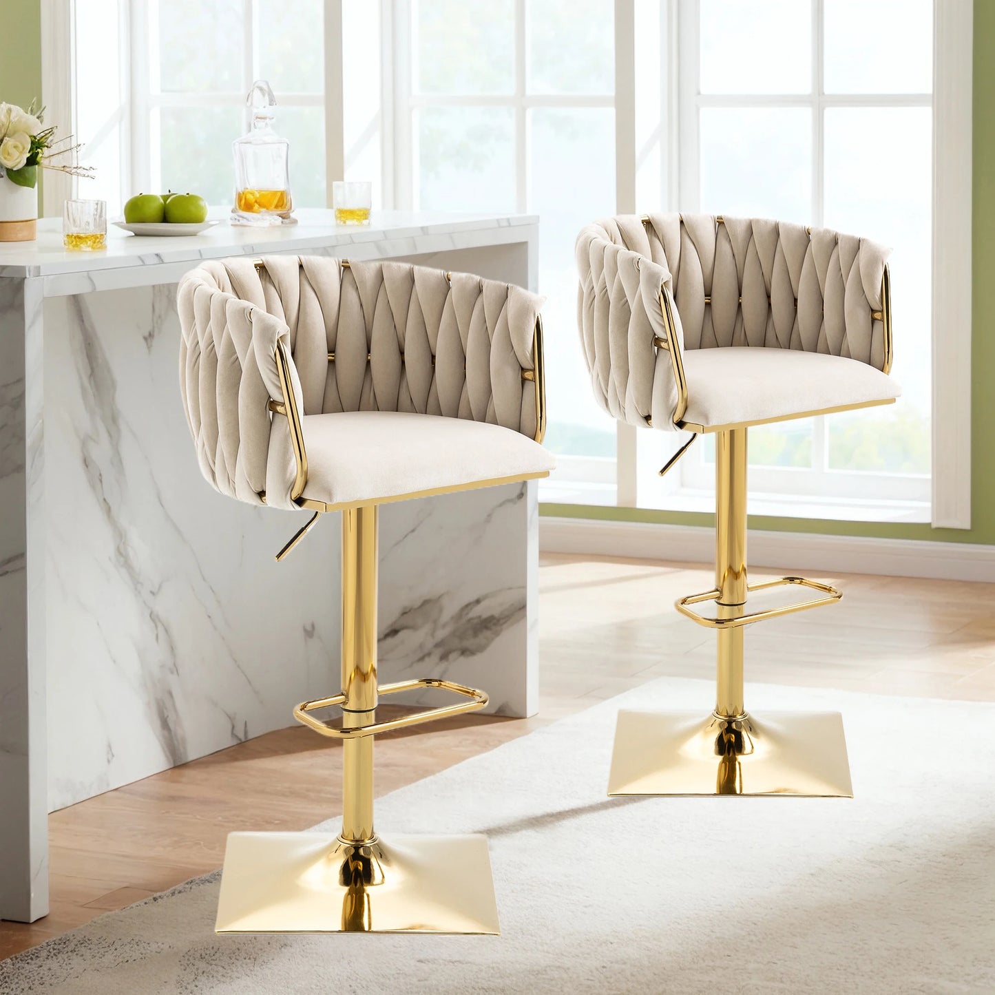 Barstoel – Barkruk – Keukenstoel – Caféstoel – Verstelbaar Van 63 Tot 87 Cm – 360° Draaibaar - Beige - QUORE