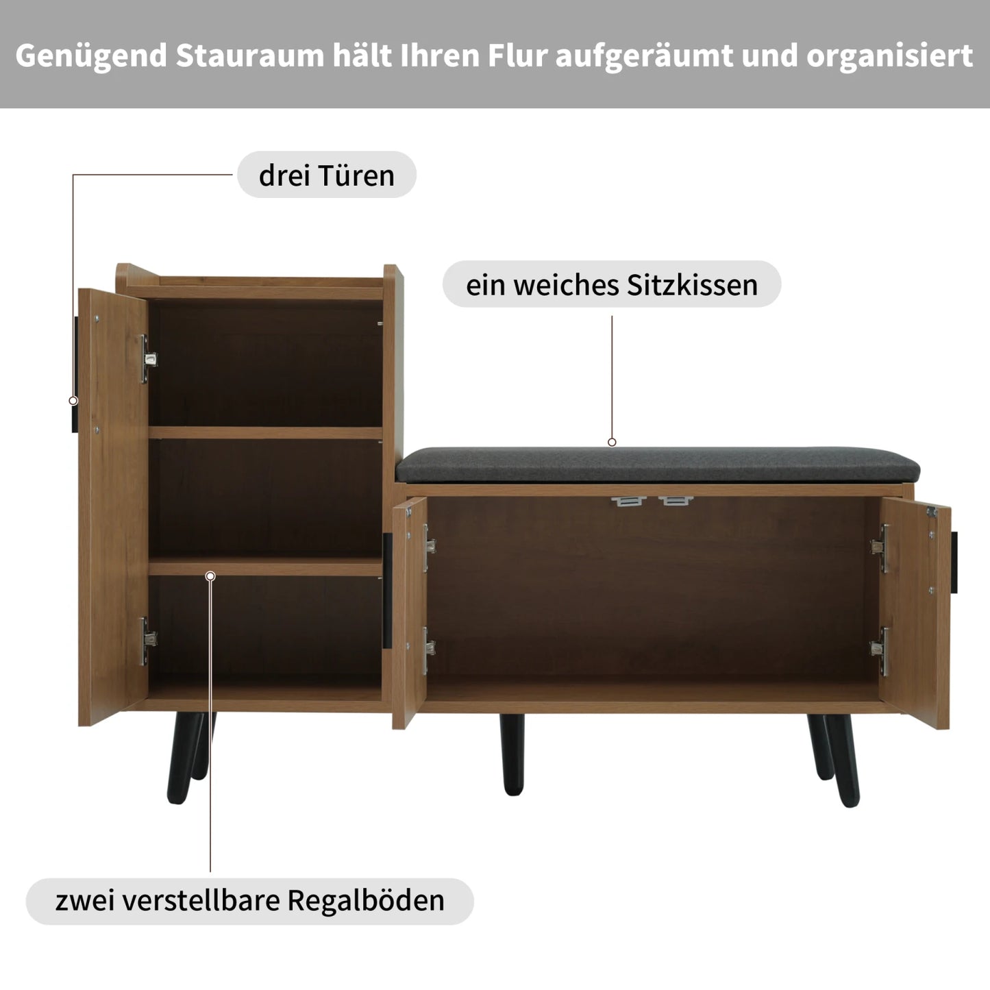 Schoenenbank – Schoenenrek – Zitbank – Opbergmeubel – Houten Frame – Comfortabel Kussen – Verstelbare Opbergruimte - 100 x 34 x 69 cm - Bruin & Grijs