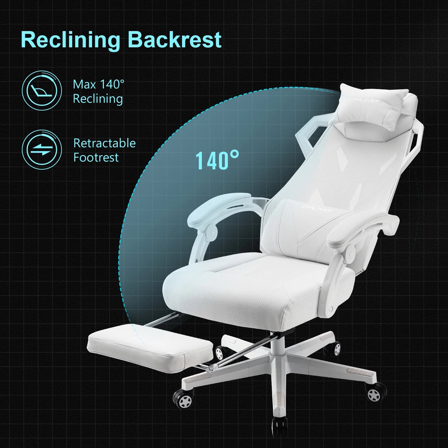 Gaming Stoel – Ergonomische Bureaustoel – Comfortabele Stoel – Mesh Rugleuning – Verstelbare Zithoogte – 150 Kg Belastbaar - 52 x 65 x 132 cm - Wit - QUORE