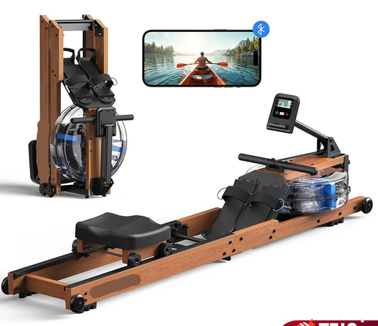 Water Roeimachine - Roeimachine - Magnetische Roeitrainer - Roeiapparaat - Opvouwbare - met Bluetooth Monitor - Houten Frame - Ergonomisch Zitvlak - Max 181kg - 15L Watertank - Voor Thuisgebruik - Zwart - QUORE