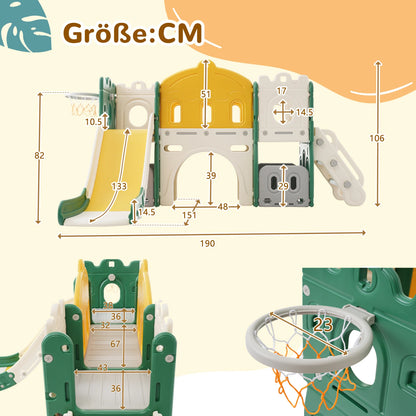 6 in 1 - Glijbaan - Kinderspeeltuin - Kinderglijbaan - Klimspeelgoed - Basketbalkraam - voor Kinderen - van 1-6 jaar - Veilige Trap - Speelplezier Gegarandeerd - voor Binnen - Buiten - Tuin - 190 x 151 x 106 cm - Geelachtig Groen