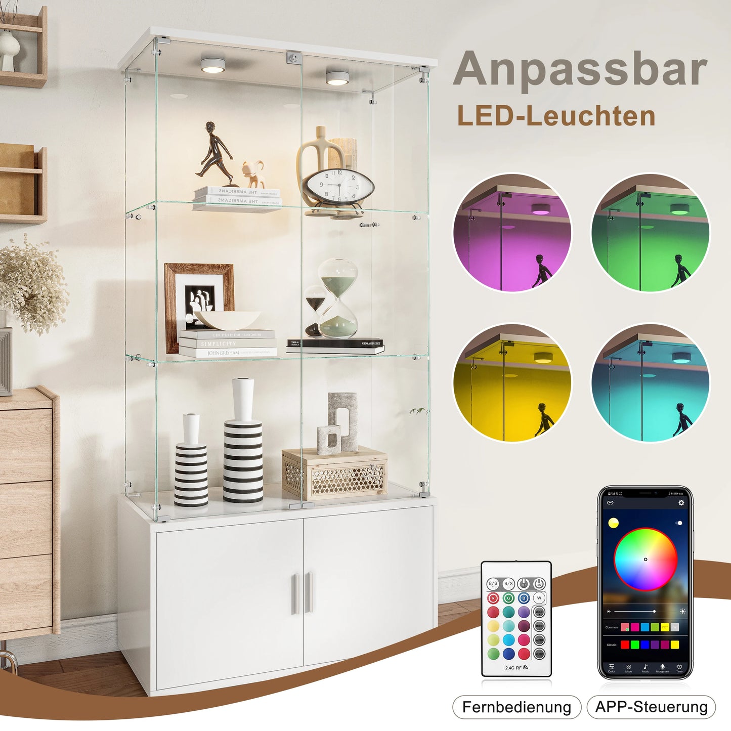 Rosahqnda LED Glass Display Case, 78x35x164cm, with 3 shelves and double doors, living room Curiosities wardrobe Modern Display Case wardrobe - QUORE