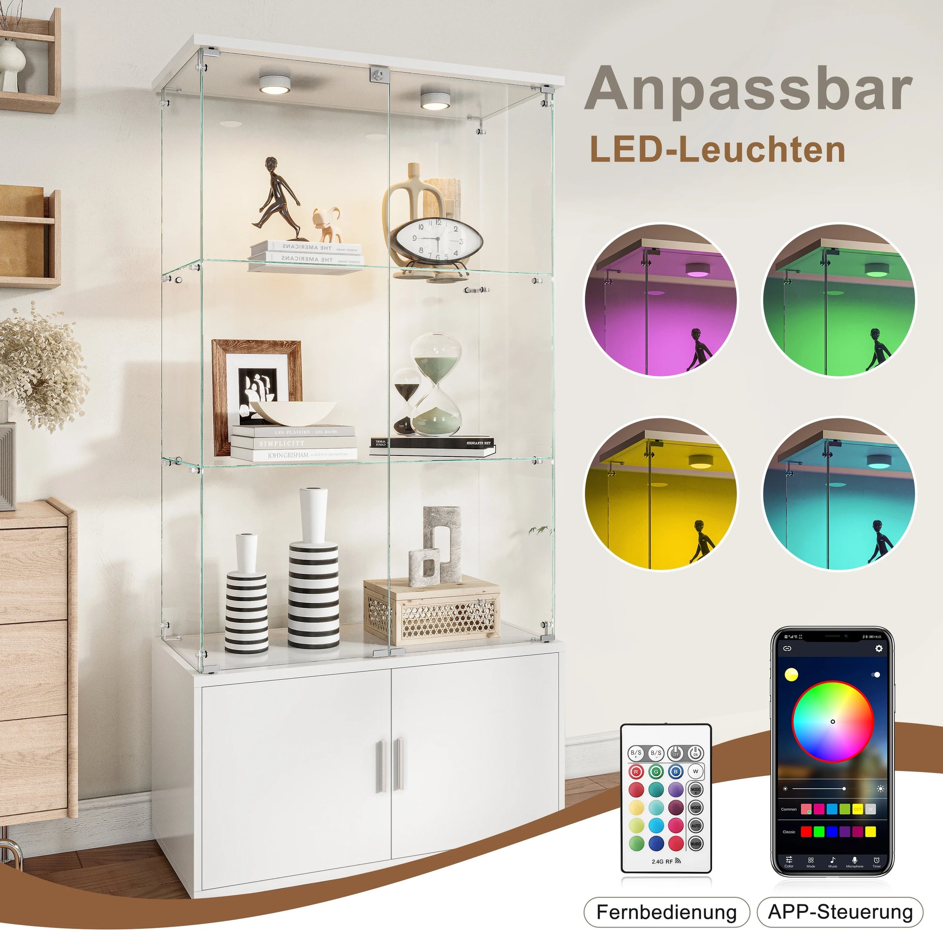 Rosahqnda LED Glass Display Case, 78x35x164cm, with 3 shelves and double doors, living room Curiosities wardrobe Modern Display Case wardrobe - QUORE