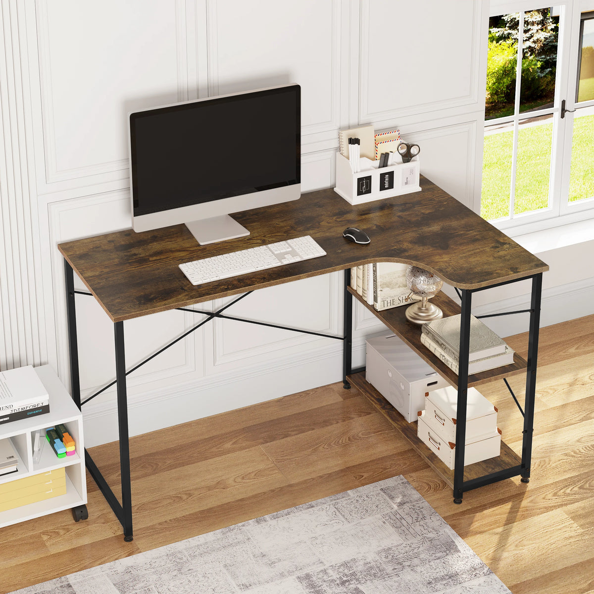 Computertafel - Computerbureau - Computermeubel - Laptoptafel - Gamingtafel - L-vormig - Licht eiken en wit - QUORE