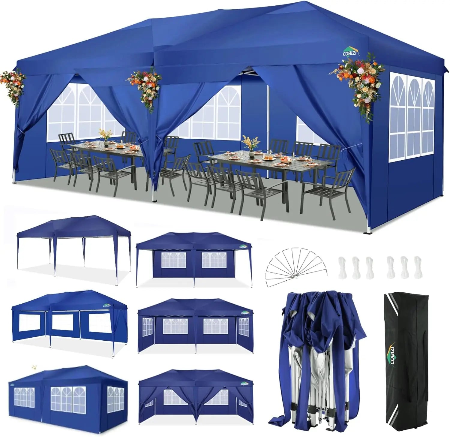 Partytent – Opvouwbaar Tuinhuisje – Buiten Tent – Schaduw Tent – 3x6 Meter – Waterdicht 210D Oxford – Verstelbare Hoogte - Donkerblauw - QUORE